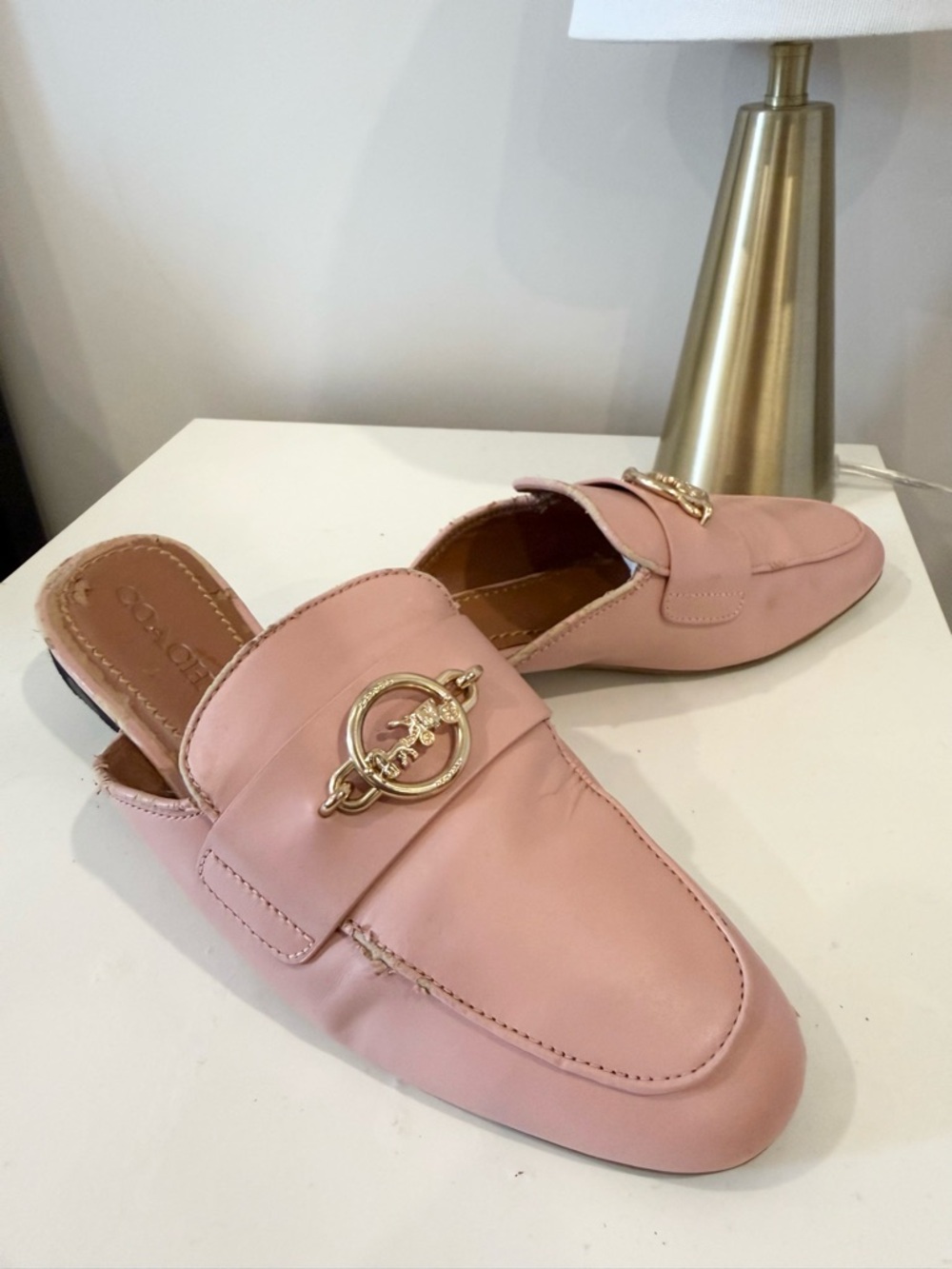 Coach Pink Leather Backless Loafers with Gold Accent